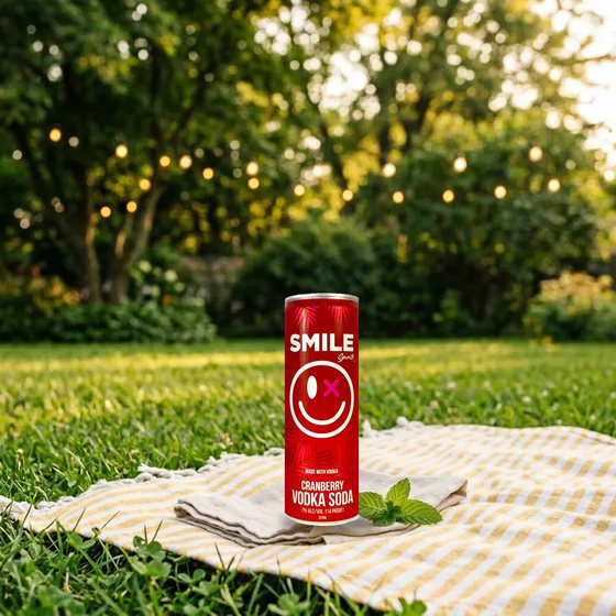 Smile Cranberry Vodka Soda can on a picnic blanket