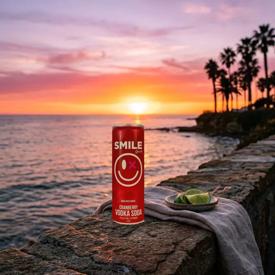 Smile Cranberry Vodka Soda can at sunset