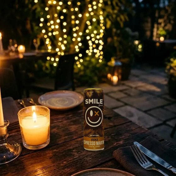 Smile Vodka Espresso Martini can at a candlelit dinner