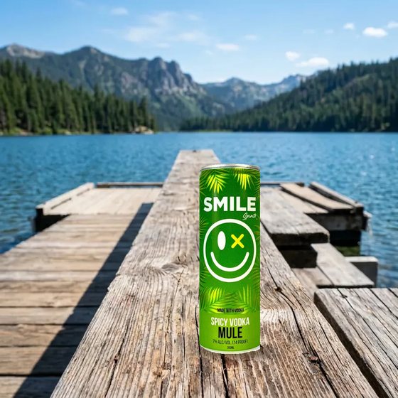 Smile Spicy Vodka Mule can on a lake dock