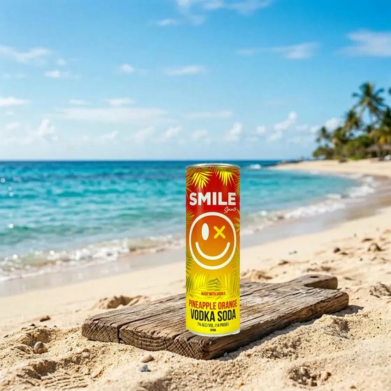 Smile Pineapple Orange Vodka Soda can on the beach