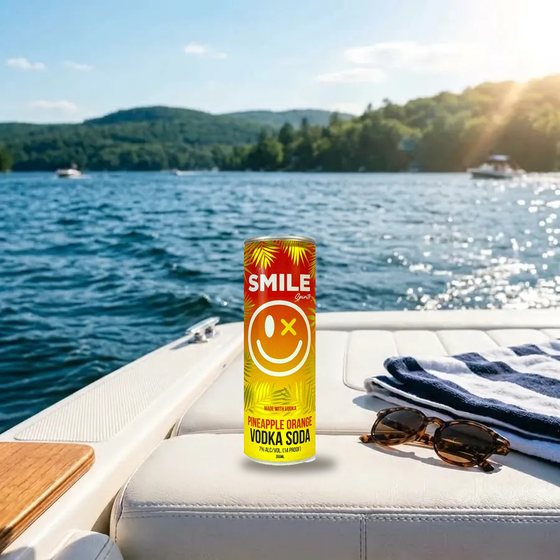 Smile Pineapple Orange Vodka Soda can on a boat